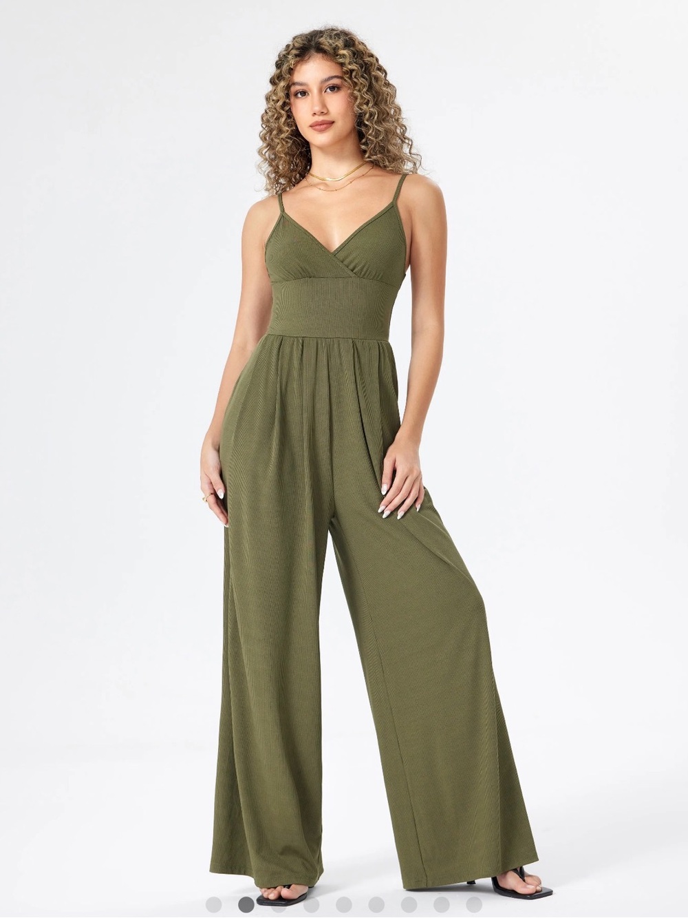 CIDER V-Neck Cami Wide Leg Jumpsuit Olive Green Size L US 8